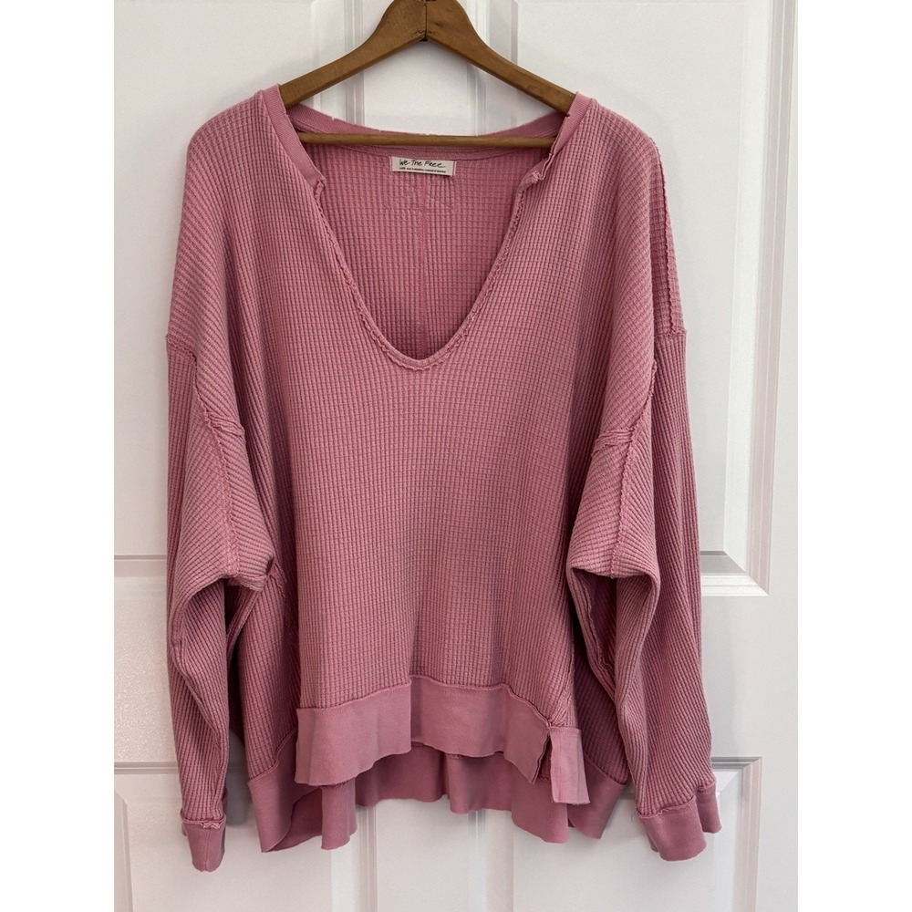 Free People We The Free Thermal Shirt Womens L Pink Waffle Knit V Neck Top 1199